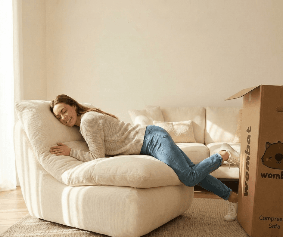 Woman relaxing on expanded Wombat sofa minutes after unboxing