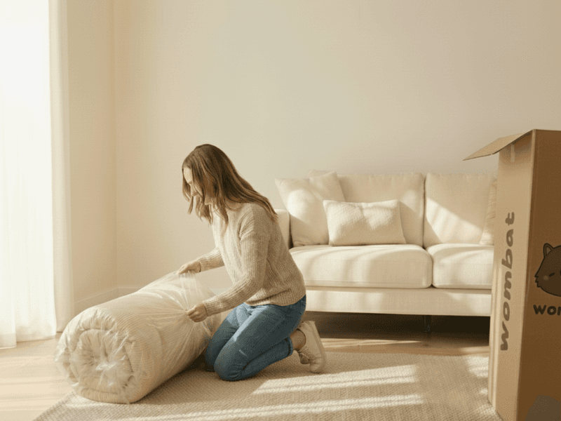 Compressed Wombat sofa expanding from rolled form