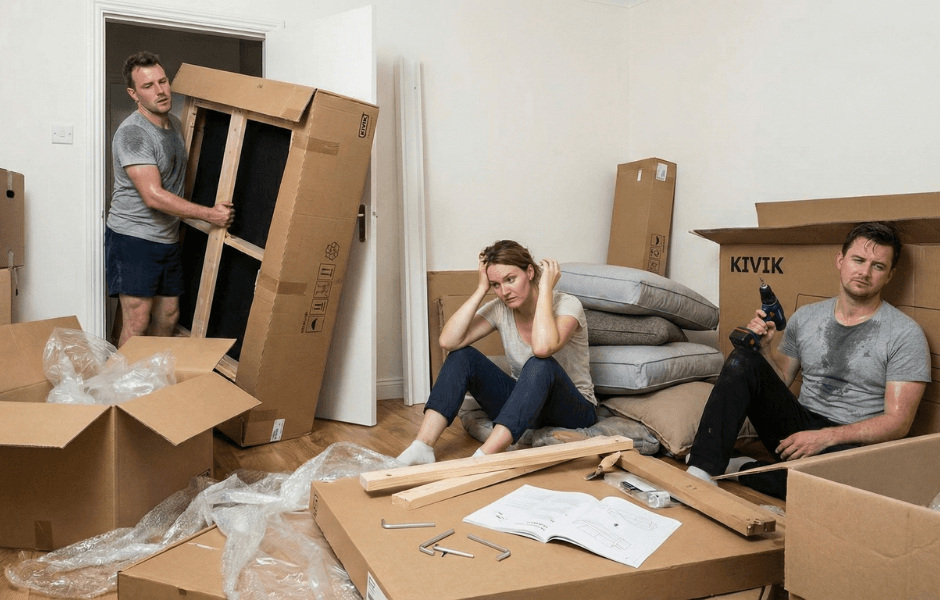 Frustrated person surrounded by flat-pack furniture pieces
